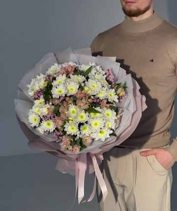 Букет из хризантем, альстромерий и статицы - 19 шт